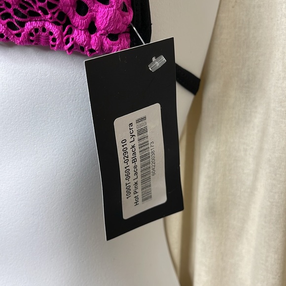 NEW! BLACK LIGHT HOT PINK & BLACK LACE DANCE THONG BIKINI SET OSFM - Picture 6 of 11